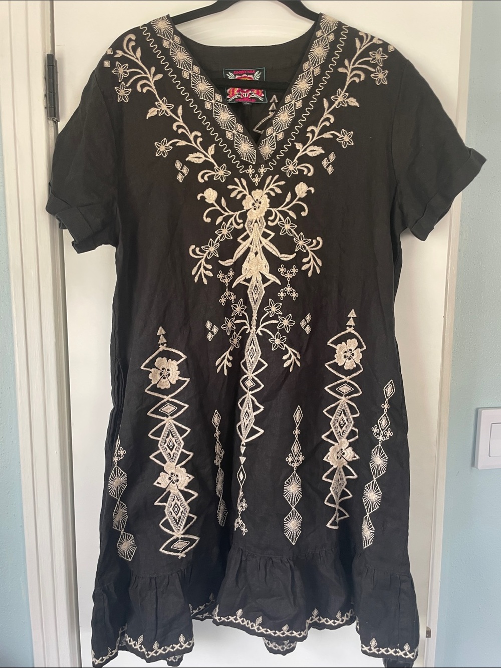 Johnny Was Black Tunic Dress with Cream Embroidery